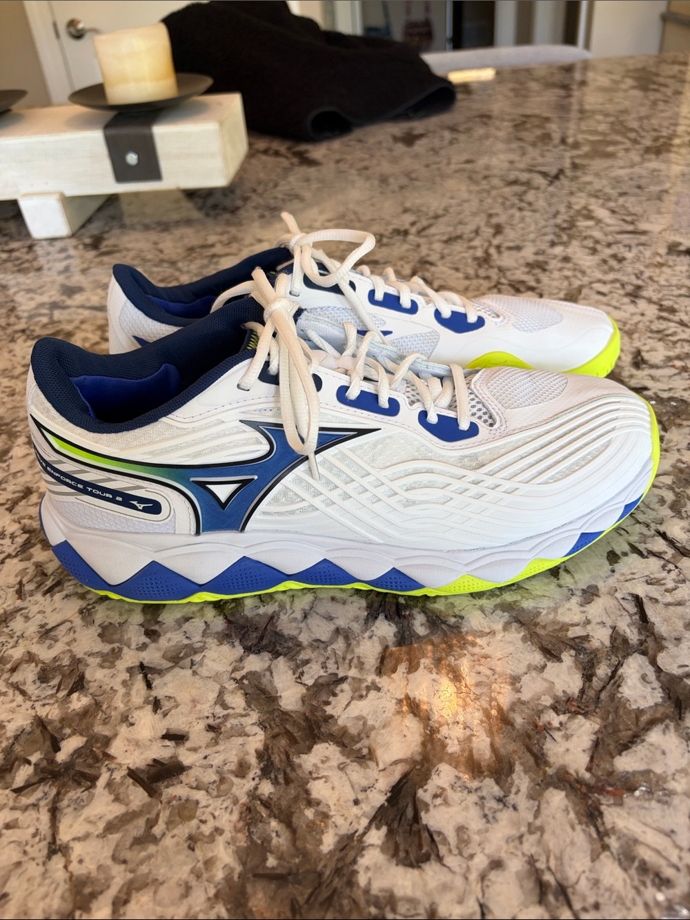 Mizuno White & Blue Athletic Sneakers with Neon Accents